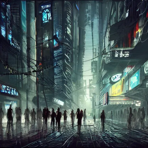 Image similar to A dark painting of a cyberpunk city infested with giant pigeons, trending on art station