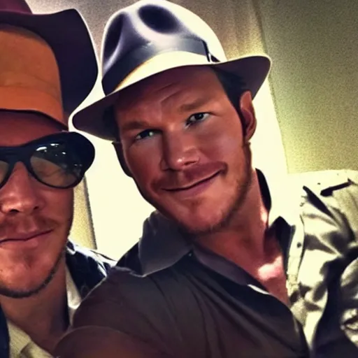 Image similar to chris pratt as indiana jones taking a selfie with harrison ford, instagram, cinematic, natural lighting, genuine smile