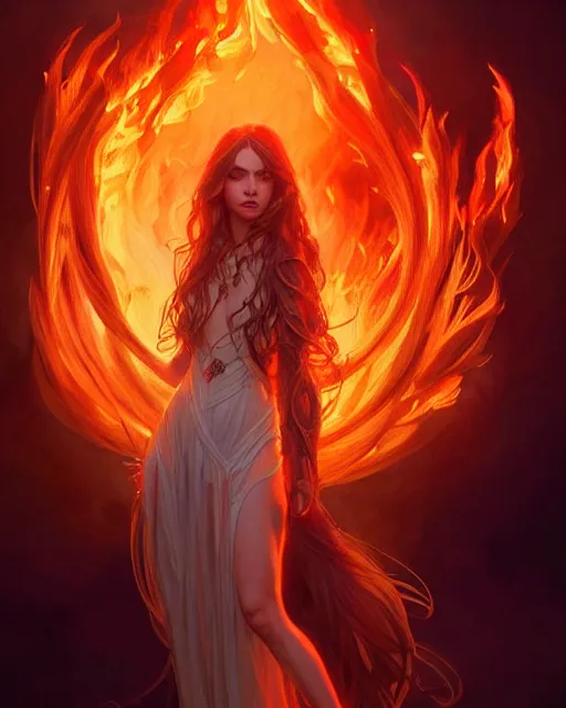 Prompt: beautiful long haired girl, fire dress, full body photo, flames everywhere, highly detailed, digital painting, artstation, concept art, smooth, sharp focus, illustration, art by artgerm and greg rutkowski and alphonse mucha