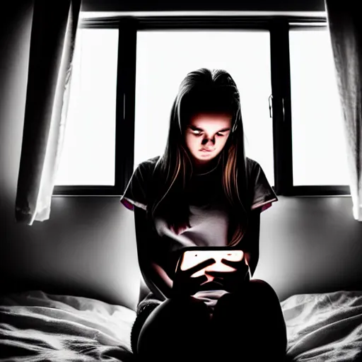 Image similar to teenage girl sitting at bedroom window staring down at her phone, a mushroom cloud outside lights the side of her face, intimate, dark, surreal photography