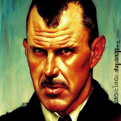 Prompt: leon kowalski replicant from blade runner is unhappy with the soup he has received in a restaurant and is considering making a complaint, painted by norman rockwell and tom lovell and frank schoonover