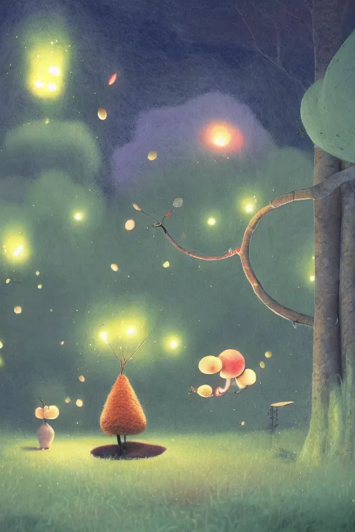 Image similar to a matte digital painting of aforest at night, fireflies, watercolor, volumetric wool felting, macro photography, children illustration, by goro fujita