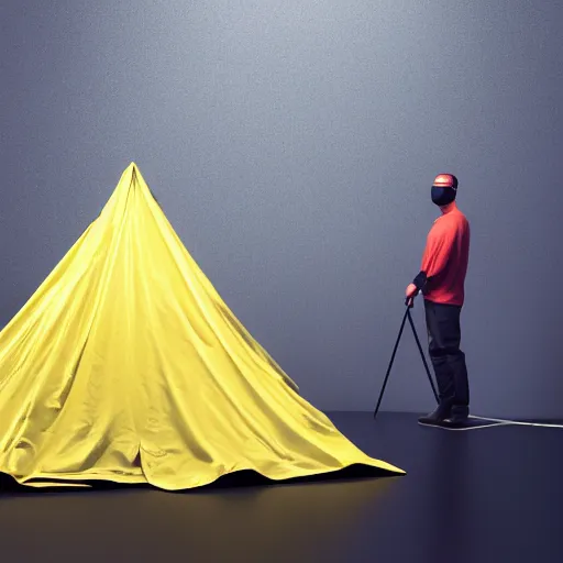 Image similar to photo studio with foggy background. yellow tent on floor. fisherman in balenciaga cloth, plastic bag and black mask. photorealistic high resolution, redshift render, 8 k