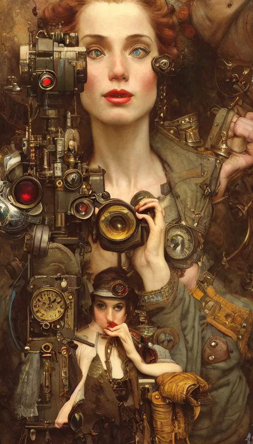 Image similar to hyper realistic photographer looking through camera towards viewer, magical, steampunk, painted by james gurney, norman rockwell, tom bagshaw, mucha, gaston bussiere, craig mullins, j. c. leyendecker 8 k
