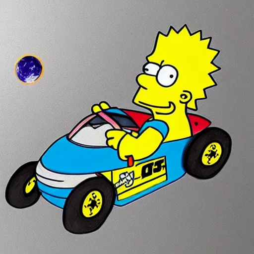 Prompt: “Bart Simpson races NASCAR on the moon, child drawing”