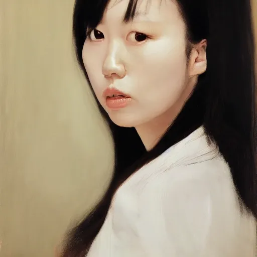 Image similar to portrait of a beautiful korean girl with long hair and bangs, an angry expression, wearing a tuxedo, oil on canvas, elegant pose, masterpiece, Jonathan Yeo painting