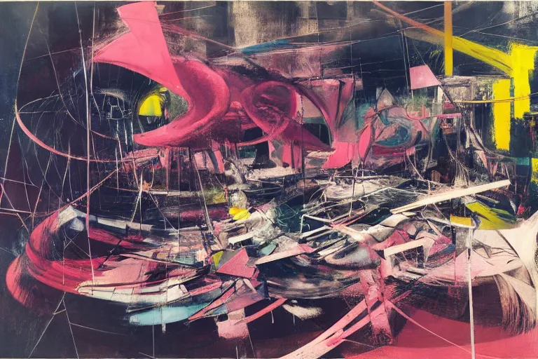 Prompt: bodies entwined in a fight inside a vibrant, brutalist space ship, extremely intricate and detailed, by painted by!!! francis bacon!!!, adrian ghenie, part by ( ( ( gerhard richter ) ) ), part by ( ( ( bauhaus ) ) ). 8 k masterpiece