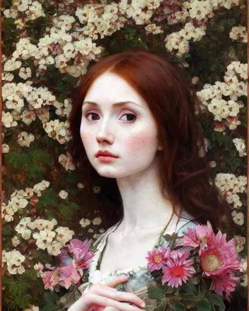 Image similar to a realistic oil painting of a girl resembling karen gillan, covered in flowers, highly detailed, intricate, artstation, by mucha, by william adolphe bouguereau, by waterhouse