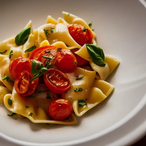 Prompt: a dramatically lit photo of a fancy scallop pasta with tomatoes