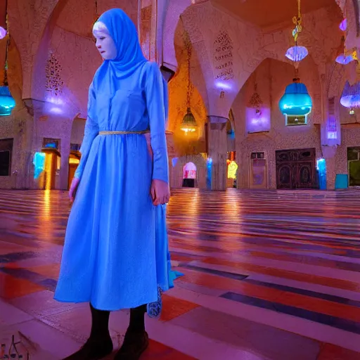 Image similar to redhead girl, blue dress, detailed, nasirolmolk mosque, colorful lights, by john howe _ h 7 0 4