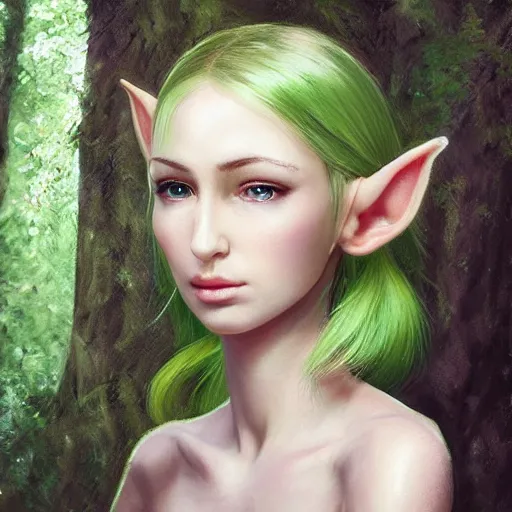 Image similar to a realistic portrait of a realistic female elf with a long withe and light green dress walking in the woods , perfect and hyperrealistic ultra detailed face, by WLOP