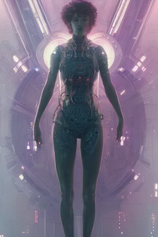 Image similar to full body portrait of a girl, sci fi, synthwave, cyberpunk, intricate, elegant, highly detailed, digital painting, artstation, concept art, smooth, sharp focus, illustration, art by artgerm and greg rutkowski and alphonse mucha