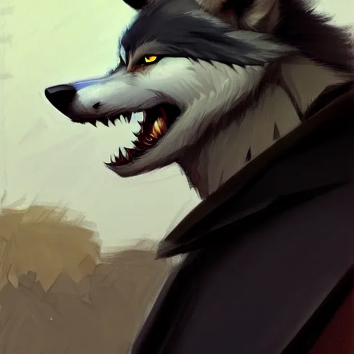 Image similar to an anthropomorphic wolf in a black doublet looking out over the hills, artstation hq, stylized, sharp focus, concept art, furaffinity fursona, furry, anthropomorphic, by gregory manchess and norman rockwell, rim lighting