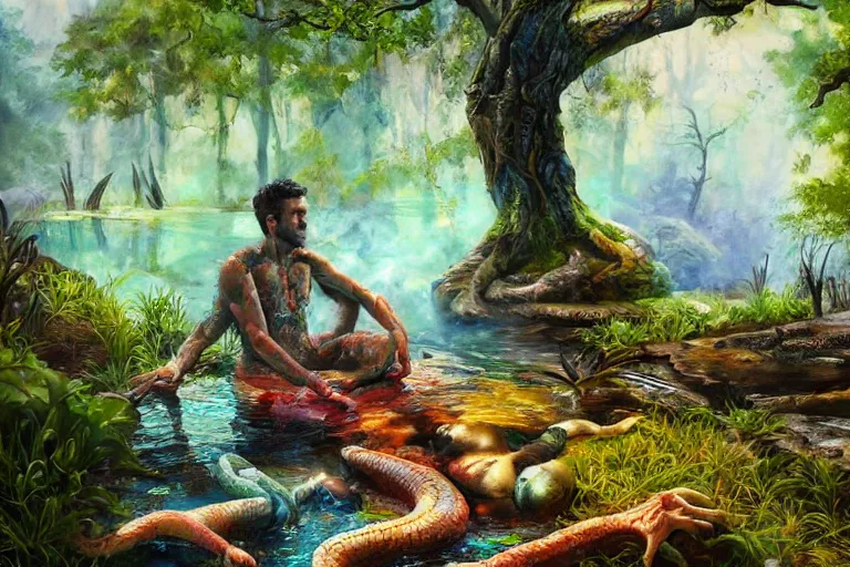 Prompt: highly detailed oil painting of a reptile man sitting in a steaming colorful hotspring with woodland forest backdrop, featured on artstation