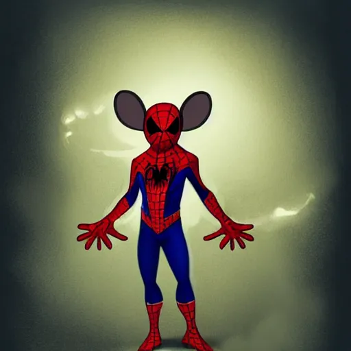 Image similar to a rat as spider man ,cute character, chubby, chibi style ,full body , foggy, glowing effect, golden ratio, rule of thirds, artstation, devianart, galaxy