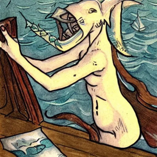 Image similar to a sea elf trying to get an commander, dripping with water, to sign a piece of parchment fantasy drawing