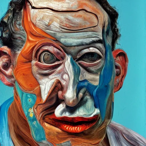 Image similar to high quality high detail painting of a man in agony by lucian freud and jenny saville and francis bacon, hd, anxiety, turquoise and orange