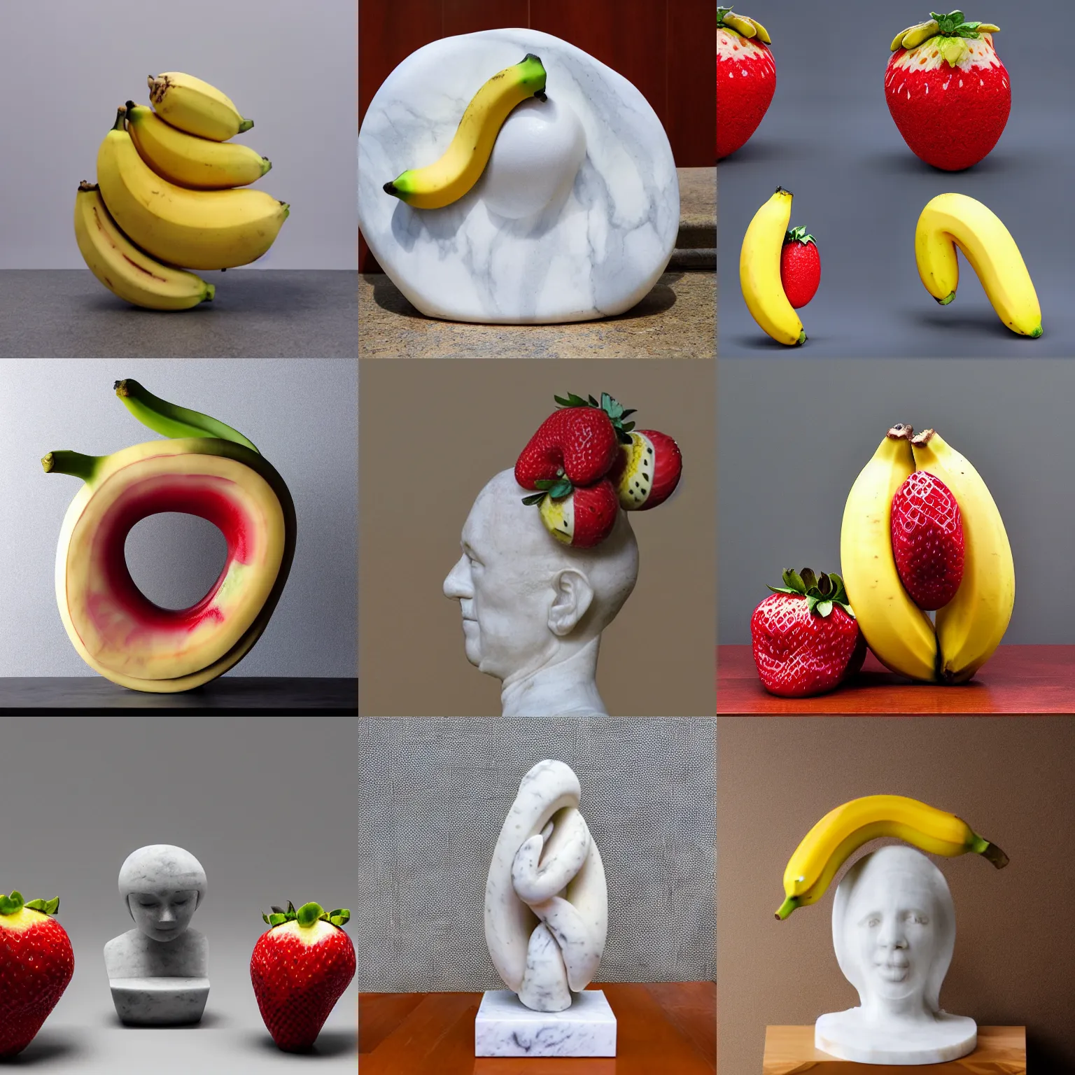 Prompt: marble sculpture of a hybrid of banana and strawberry