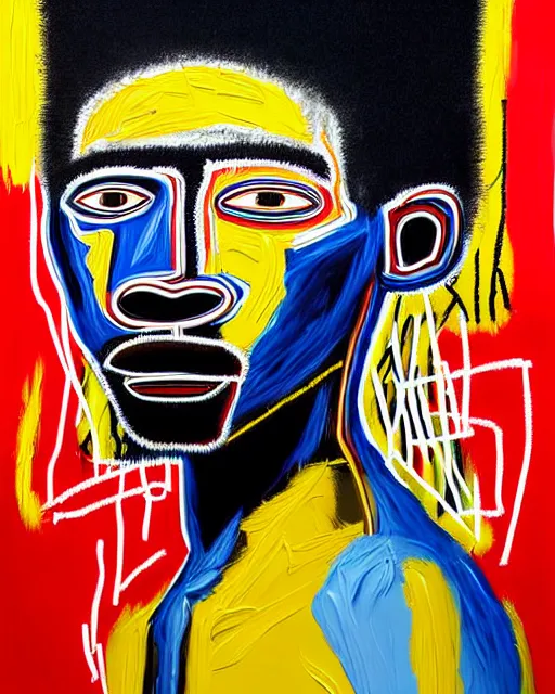 Image similar to A extremely ultra highly detailed majestic hi-res beautiful immaculate head and shoulders award winning painting stunning masterpiece of the face of a ultra highly detailed strong black African man portrait by Jean-Michel Basquiat, 8k, high textures, ultra hyper sharp, insanely detailed and intricate, super detailed, 8k HDR ultra high quality, high detail, hyperrealist, photorealistic, octane render, cinematic, high textures, hyper sharp, 4k insanely detailed and intricate, surrealism, surrealist, real life, lifelike, 8k, hyper realistic, super detailed, realistic, 4k HDR hyper realistic high