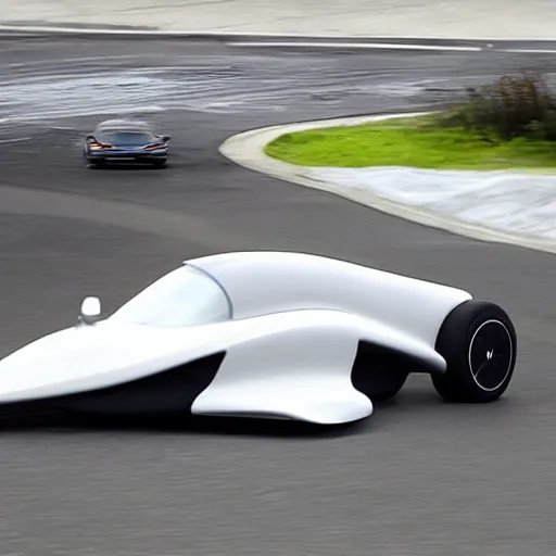 Image similar to a new design car with a undercarriage swoops like a dolphin's belly. this reduces drag, or the force of air flowing against the motion of the vehicle is curved at the nose, wide along the sides and tapered toward the trunk like a small, speedy aircraft