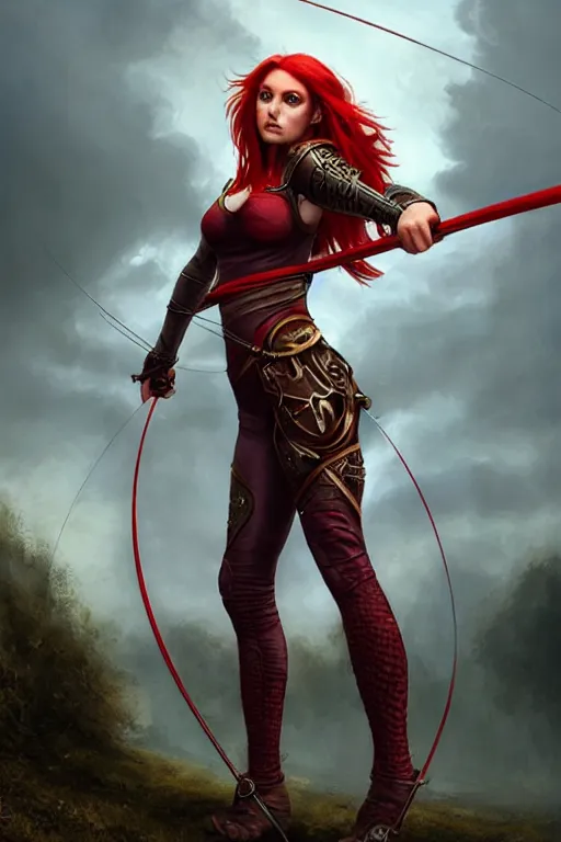 Prompt: Female archer, dnd, d&d, leggins, red skintight leather armor, red hair, Low-Angle, visible face!, beautiful face!, alluring, toned derriere, high fantasy, realistic!, matte painting, by wlop and tomasz alen kopera, octane