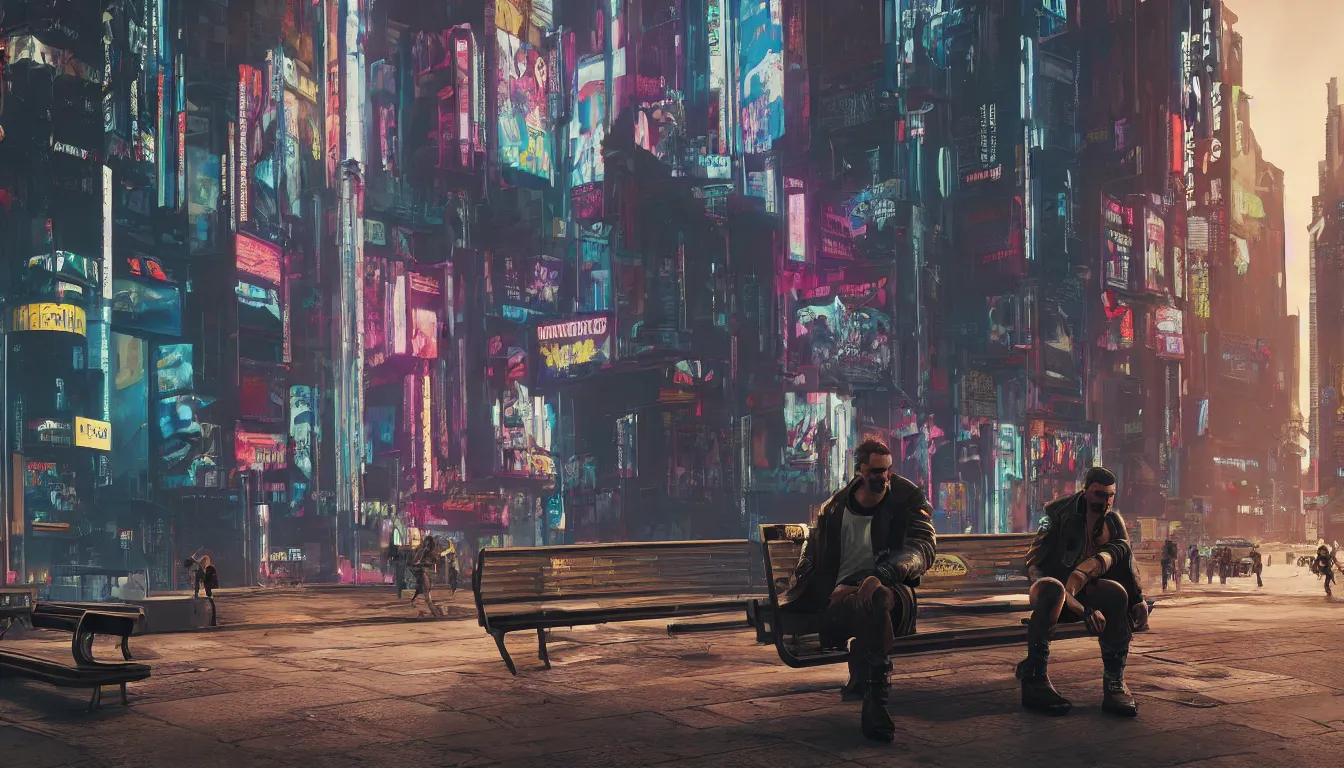 Image similar to Cyberpunk 2077 protagonist Johnny Silverhand sitting on a public bench with a sad face in new york city, 4k, concept art, by Lea Leonowicz