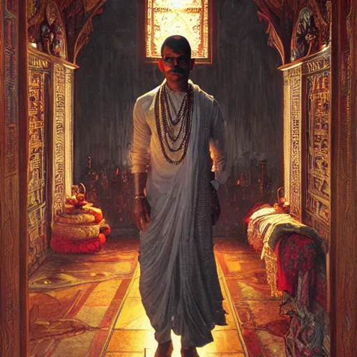 Prompt: portrait of Indian male priest, fantasy, powerful, elegant, intricate, beautiful lighting, perfect composition, by greg rutkowski, thomas kindkade, alphonse mucha