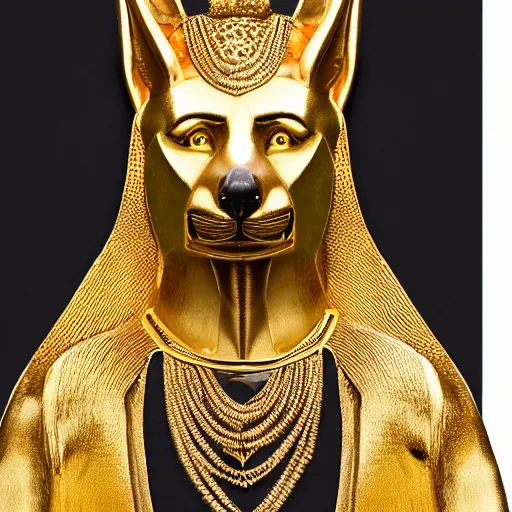 Image similar to portrait of Anubis wearing an elegant suit with a shiny gold necklace, looking at the camera, black background, studio light