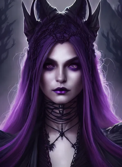 Prompt: frontal portrait dark witch, adventurer outfit large cloak, fantasy forest landscape, dragon scales, fantasy magic, undercut hairstyle, witch purple black fade hair, dark light night, intricate, elegant, sharp focus, illustration, highly detailed, digital painting, concept art, matte, art by wlop and artgerm and greg rutkowski and alphonse mucha, masterpiece