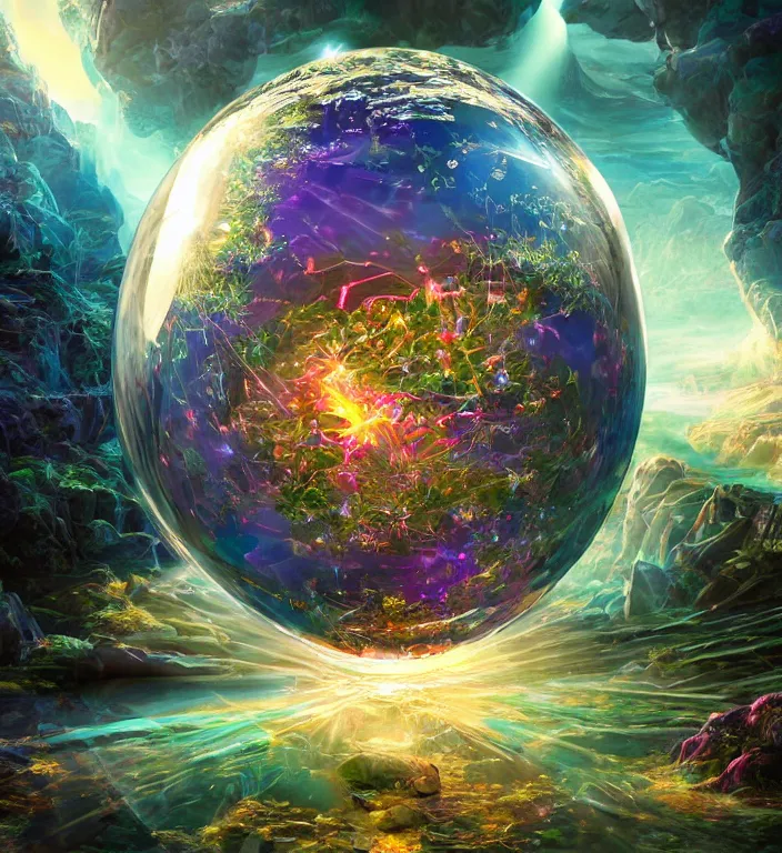 Image similar to a magical and exquisite fantasy illustration of an intricate and faceted crystal ball with a world inside of it + in water + prism + god rays + dramatic lightning + backlit + specular highlights + ambient occlusion + global illumination + bump map + reflective + caustics + refractive + unreal engine 5 + DOF + sharp focus, digital artwork by Dan Mumford + Peter Mohrbacher + Ash Thorp