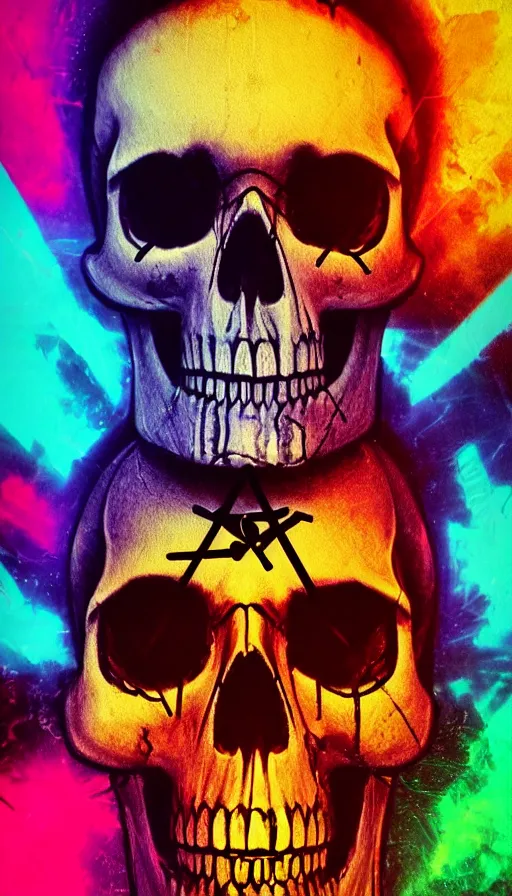 Image similar to a colorful skull with a cross on it's forehead, cyberpunk art by stanley twardowicz, cgsociety, computer art, neon, wallpaper, glowing neon