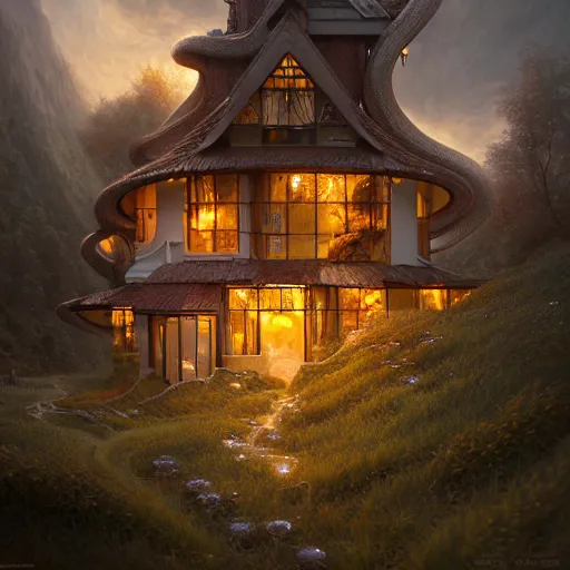 Prompt: small hillside house made of honey and milk, modern lighting, hyper - realistic, hyper - detailed, 8 k, octane rendered, art nouveau, organic, flowing, impossible torsion, writhing, dusk, lush, dynamic, in the style of ross tran and jean baptiste monge