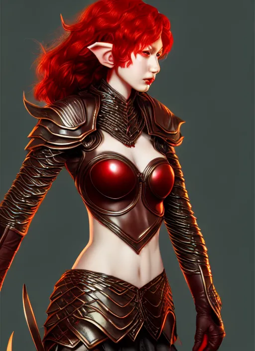 Image similar to leather armor!!! beautiful and elegant curly red hair female elf!! gorgeous ayes!! character concept art, sharp focus, octane render! unreal engine 5! highly rendered!! trending on artstation!! detailed linework!! illustration by artgerm, wlop, and chie yoshii