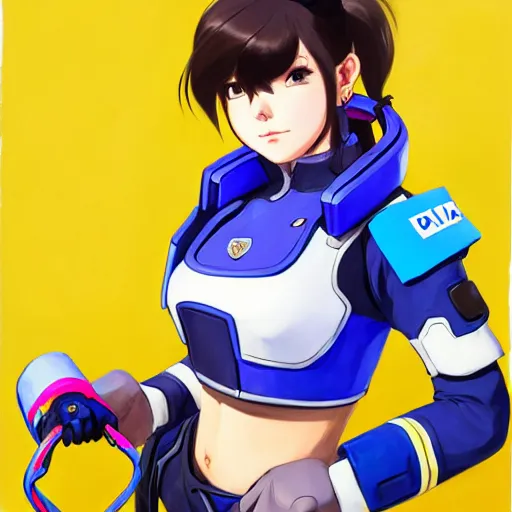 Image similar to Nerf This! D.VA from Overwatch wearing a police uniform, holding handcuffs in one hand Blizzard Concept Art Studio Ghibli. oil paint. 4k. by brom.