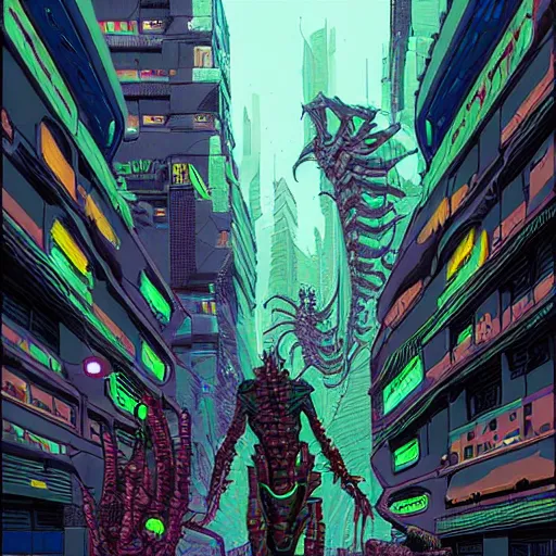 Image similar to A cyberpunk reptile cyborg on the street of a cyberpunk city art by Josan Gonzalez, sci-fi, highly detailed, digital painting, artstation, smooth, sharp focus, illustration, concept art by Josan Gonzalez and James Gurney and Mœbius