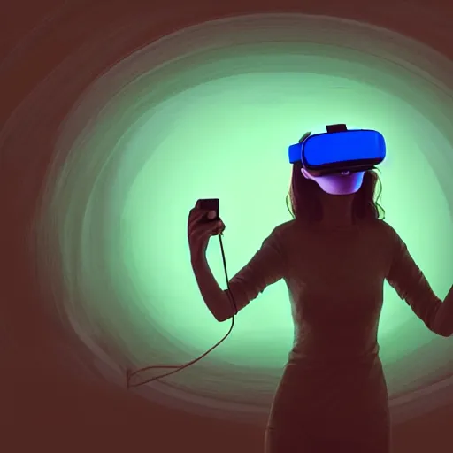 Image similar to digital art of a woman playing with a vr headset in a cyan and purple lit room greg rutkowski style