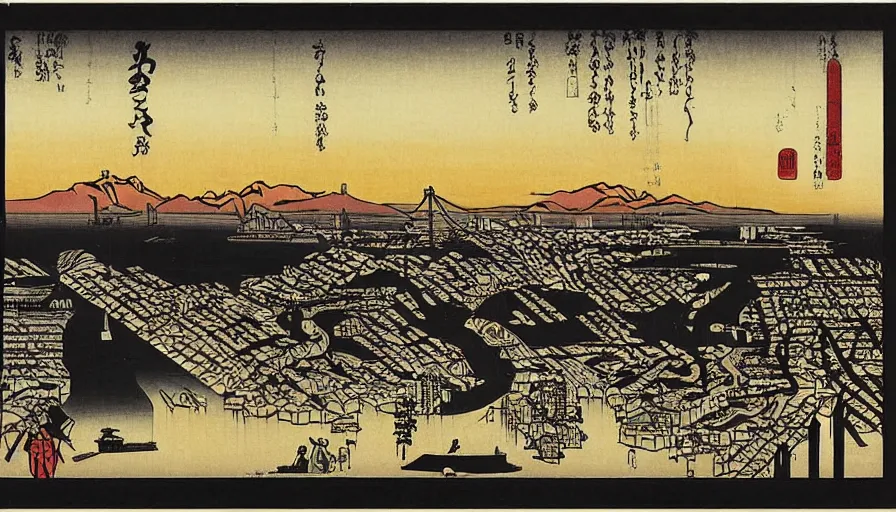 Image similar to sunset over the san francisco bay area by utagawa kunisada