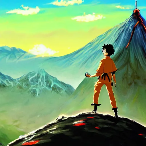 Image similar to anime key visual of frodo climbing mount doom, acrylic painting, jm animation