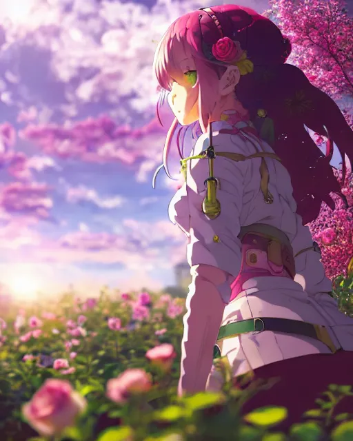 Image similar to cyborg girl in solarpunk rose garden, contemplation, anime epic artwork, kyoto animation, key visual, 4 k, ultra fine detail