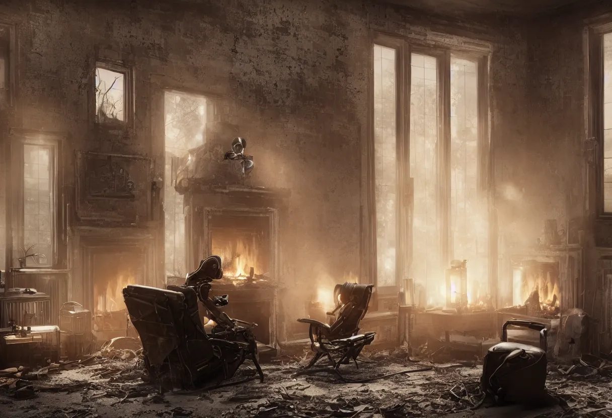 Image similar to An intimate closeup portrait photograph of a solitary futuristic robot sitting on a frayed recliner in front of a beautiful fireplace with a cozy fire, in a dilapidated steampunk Victorian home, soft morning light seeping in a window, with cinematic lighting and lens flare, tall ceiling, octane render, cgsociety, by Simon Stalenhag and Alfonso Cuaron, highly detailed close shot , award-winning highly detailed 8k anamorphic Arri Alexa Cooke cinematic movie photograph