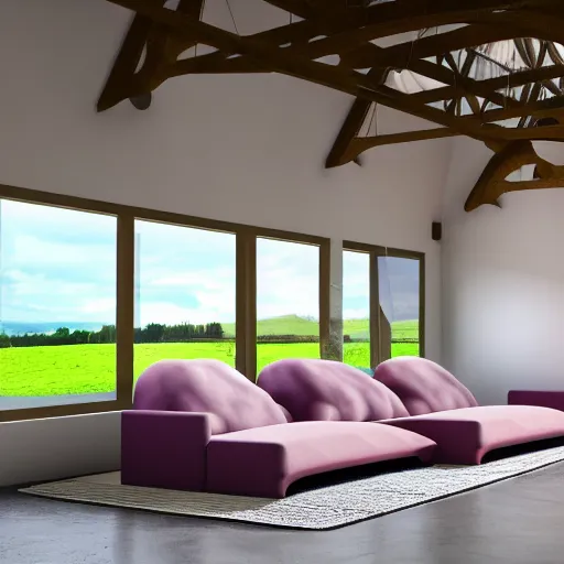 Image similar to interior view of modern futuristic farm barn architecture and interior design showing cows laying down on sofas and pigs and chickens sitting in lounge chairs, wall art, throw pillows, areas rugs, feed troughs, hay, detailed luminescent oil painting 4 k