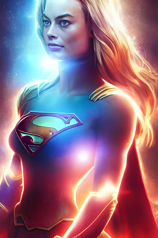 Image similar to majestic and anime key visual margot robbie female supergirl, dc universe, perfect face, beautiful, intricate, epic, elegant, fantasy, highly detailed, digital painting, hard focus, beautiful volumetric lighting, epic light, ultra detailed, by leesha hannigan, ross tran, thierry doizon, kai carpenter, ignacio fernandez rios