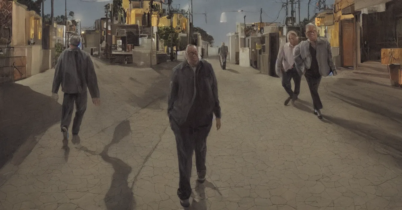 Image similar to todd solondz, high quality high detail painting of todd solondz walking with a friend in an empty tel aviv street, face of todd solondz, night, by lucian freud and gregory crewdson and francis bacon, hd, photorealistic lighting