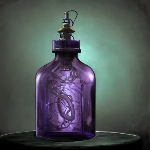 Prompt: a painting of a steampunk violet blue potion bottle in a dark dusty vintage science lab, by h. r. giger, hyperrealistic fantasy art, concept matte, ethereal, dreamy, digital art, trending on artstation, volumetric cinematic lighting