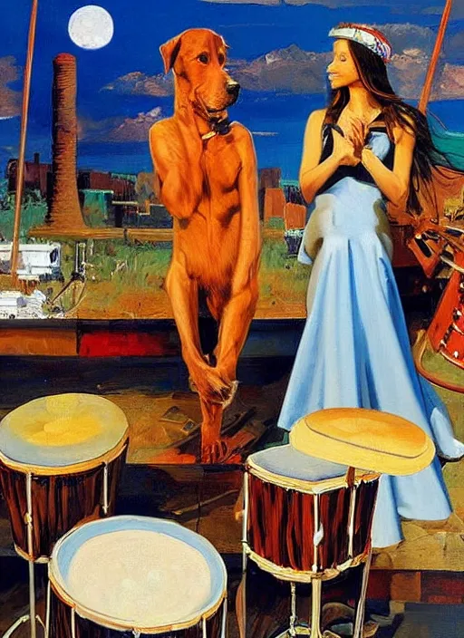 Image similar to dog playing drums, looking at a girl, large scale painting by robert mccall and vladimir kush