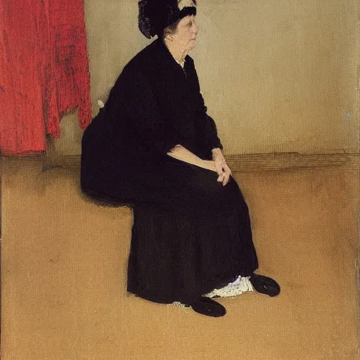 Prompt: Oil painting portrait of an old woman sitting in profile. She wears a black mourning dress. Her lace-cuffed hands clutch a handkerchief. A small painting hangs on the wall, and a grey curtain hangs to the left. By James Whistler, 1871.