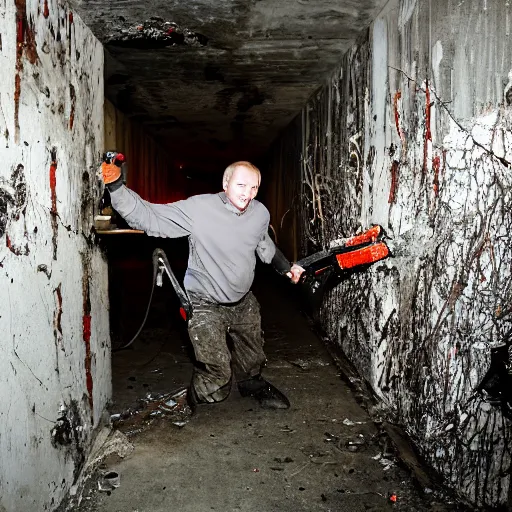 Image similar to putin with a chainsaw. in a concrete bunker with a pile of corpses. focus on putins face with blood splatters. canon eos r 3, f / 1. 4, iso 1 6 0 0, 1 / 8 0 s, 8 k, raw, grainy