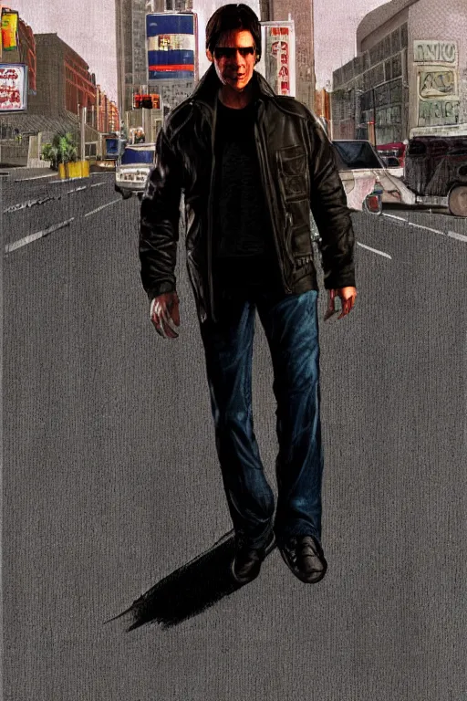 Prompt: a medium shot of tom cruise, in the style of gta 4 cover art, tom cruise as a gta 4 character, highly detailed, trending on artstationhq