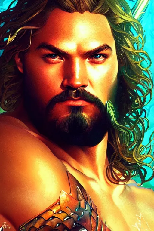 Prompt: a portrait of aquaman, fantasy, sharp focus, intricate, elegant, digital painting, artstation, matte, highly detailed, concept art, illustration, ambient lighting, art by ilya kuvshinov, artgerm, alphonse mucha, and greg rutkowski