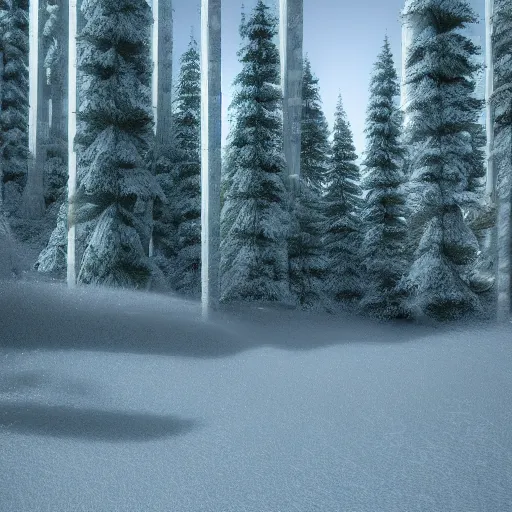 Prompt: a high res forest made of clear ice octane render